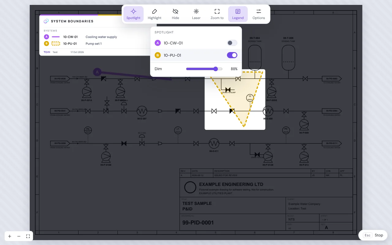 Present mode highlighting one area of a drawing